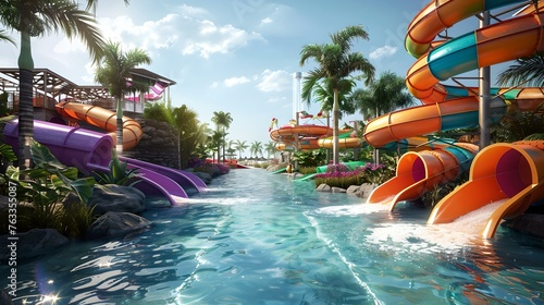 Colorful water slides at a tropical water park on a sunny day. ideal vacation destination for families. vibrant, fun-filled, leisure activity. AI photo