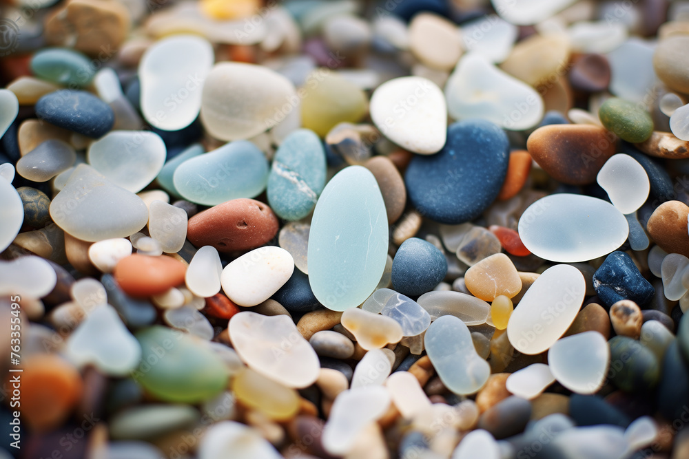 A close-up of white polished sea glass on a glass beach, among other stones. Smooth translucent glass pebbles on a seashore. AI-generated A close-up of white polished sea glass on a glass beach, among other stones. Smooth translucent glass pebbles on a seashore. AI-generated