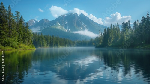 Majestic Mountain Reflection on Serene Forest Lake Under Clear Sky.
