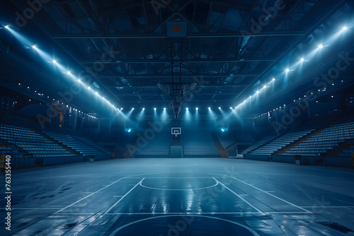 Stade de Basketball Intérieur avec Gradins Vides et Éclairage Artificiel