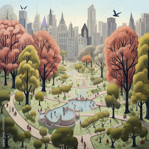 An aerial illustration capturing the vibrant cityscape of Central Park in New York on Sunday. Picturesque fall landscape with pink and green trees and skyscrapers in the background.  AI-generated