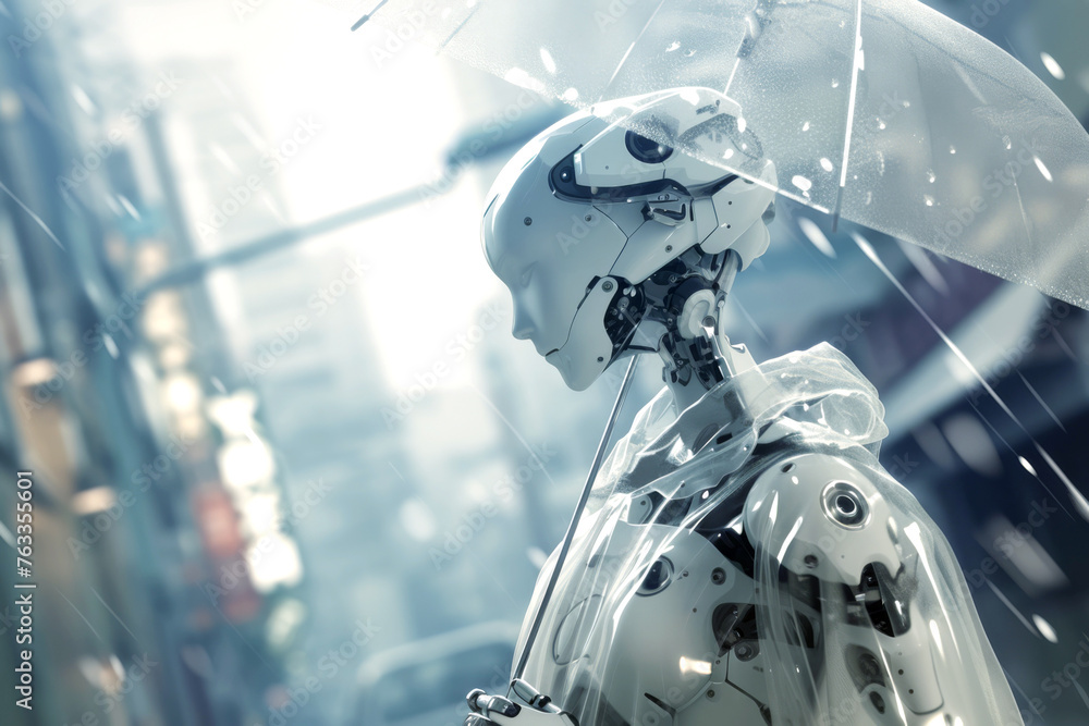 White robot in a transparent raincoat with an umbrella stands in the rain in the background of the city. White robot in a transparent raincoat with an umbrella stands in the rain in the background of the city.