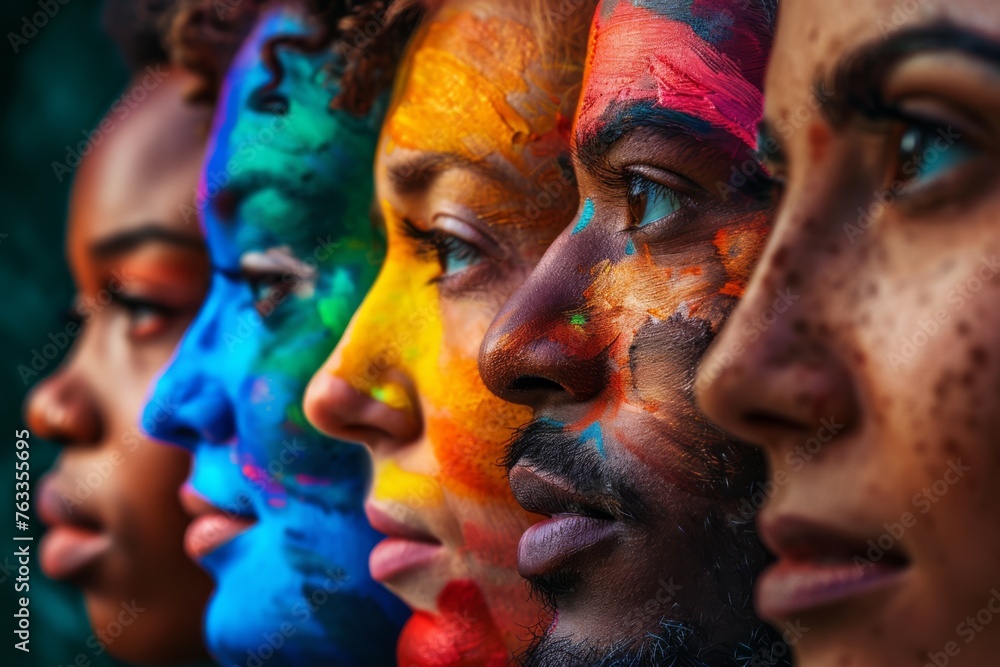 Close-up portrait of a group of people from different ethnic groups with paint on their faces. Concept of diversity.