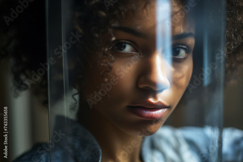 Beautiful african american woman looking through window in dark room