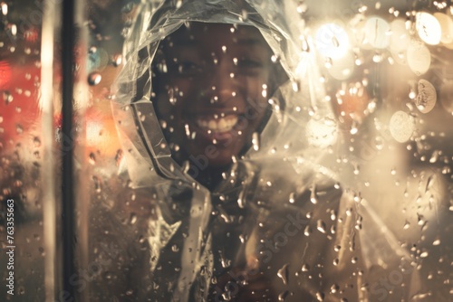 African laughing man in raincoat looking into camera through glass, unfocused background.