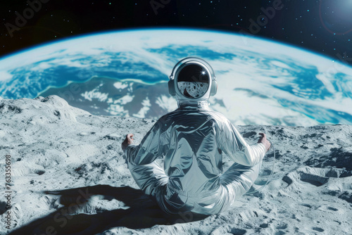Astronaut in a mirrored spacesuit sits on the surface of the moon and meditates in the lotus pose.