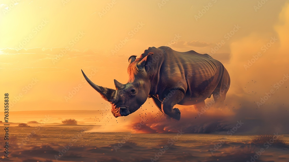 Fototapeta premium Surreal scene of a flying rhino in a golden sunset sky. dreamy fantasy landscape, digital artwork for creative design. AI