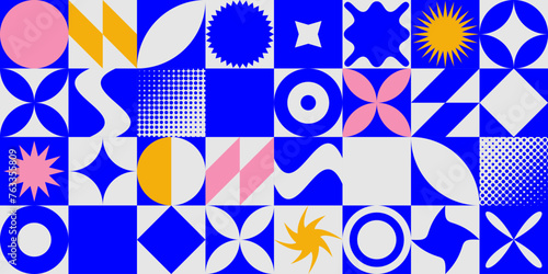 Seamless abstract geometric shape pattern. Repeating Swiss mosaic block form background. Colorful graphic design primitive elements for poster, cover, presentation, print, banner. Vector wallpaper