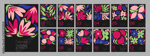 Floral calendar template for 2025. Vertical design with bright colorful flowers and leaves. Editable illustration page template A4, A3, set of 12 months with cover. Vector mesh. Week starts on Monday.