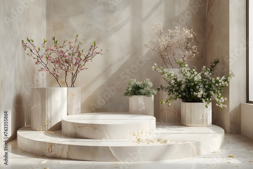 Empty podium for product photography, some urns, flowers and plants in the style of minimalist geometries, vray, circular shapes, marble, beige, resin, nature-inspired compositions, natural lightng, g photo