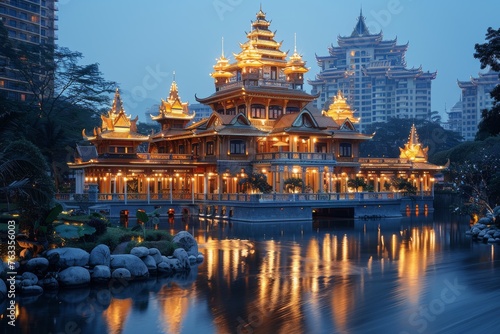 A Tranquil Evening View of an Illuminated Temple Reflecting on Water