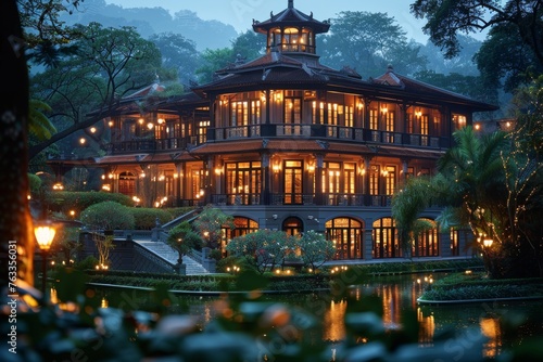A Serene Evening View of an Illuminated Mansion Reflecting on a Pond