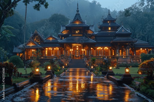 Illuminated Temple Amidst Nature Under Gentle Rain
