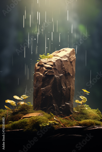 Rock podium in green environment with rain, green nature, green energy. Save the green planet, abstract organic background in shades of green