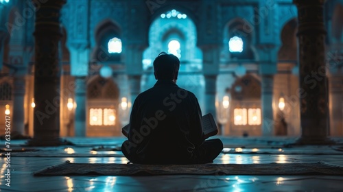 Muslim man reciting quran in the night in beautiful mosque photo