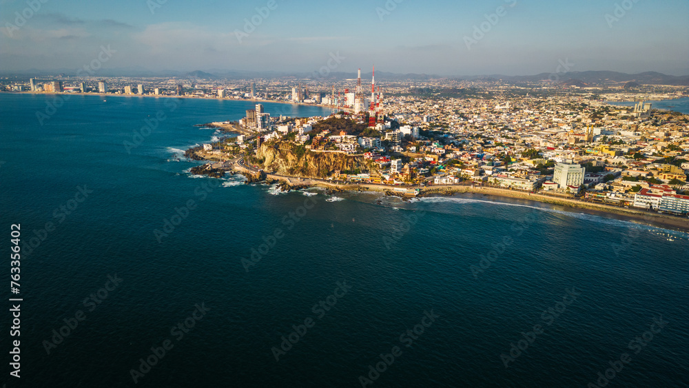 aerial view of Mazatlan Mexico City with coastline Pacific Ocean 