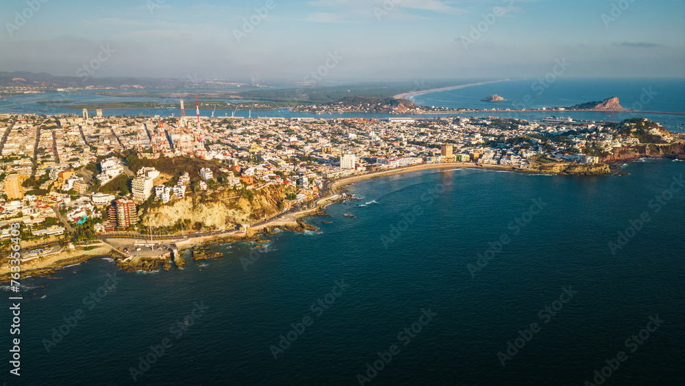 Aerial Drone Fly Mazatlan Sinaloa City Mexico Panoramic Blue Sea Coastline  Pacific Ocean