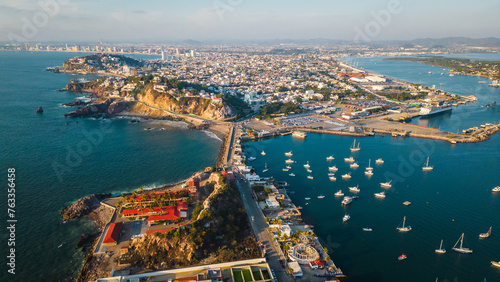 Bild auf Leinwand Aerial Drone panoramic landscape Mazatlan Mexican Coastal city town beach island
