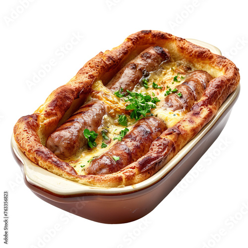 front view of Toad in the Hole with sausages baked in a Yorkshire pudding batter, served in a British baking dish, isolated on a white transparent background. photo