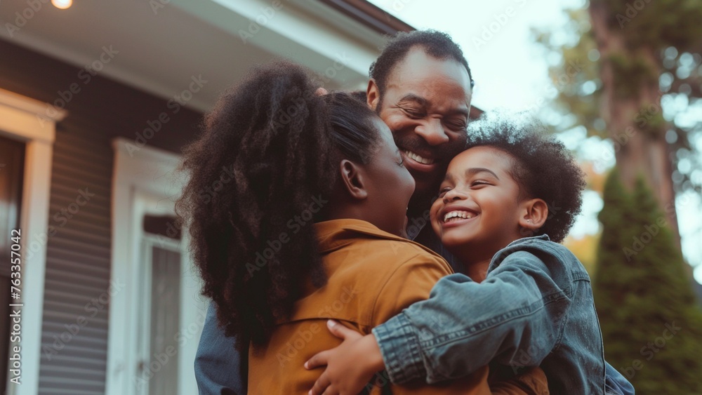 A happy family hugging each other in front of the house for the welcoming concept. A happy family hugging each other in front of the house for the welcoming concept.