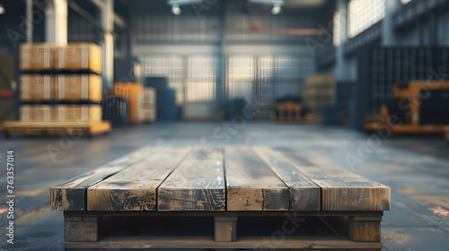 Empty wooden pallet in a spacious warehouse. focus on logistics and distribution. industrial storage area. ideal for mockups and advertising. AI