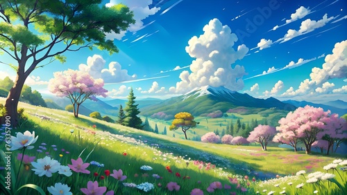 Anime Style Spring Landscape Digital Art Painting Grassy Field Wildflowers Beautiful Sky