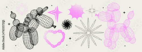 Balloon wireframe 3D shapes in trendy futuristic style with a photocopy effect. Brutal forms unicorn, dog, stars, heart. Vector dots and stippling illustration. Brutalism graphic. photo