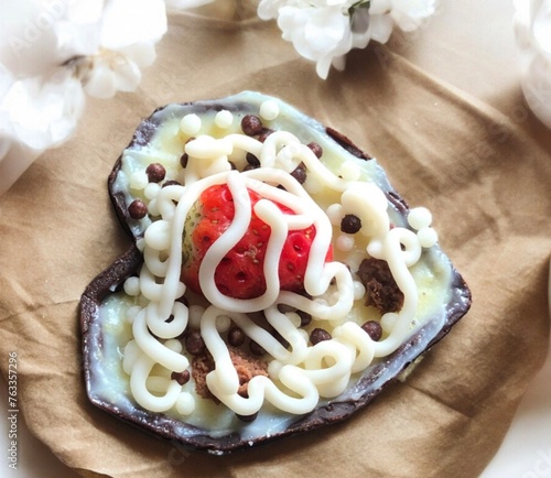 Delicious chocolate heart truffle with strawberry filling, a recipe to serve at Easter, birthdays and weddings
 photo