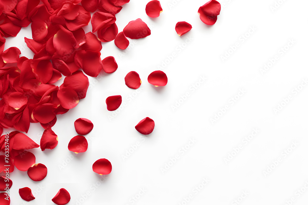 Top view Red rose petals on white background with copy space for text Top view Red rose petals on white background with copy space for text