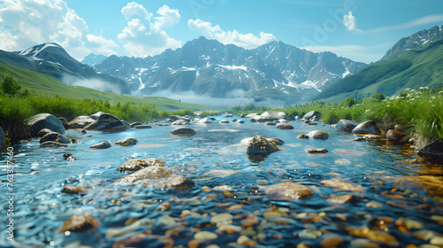 Skyward view over a crystal-clear mountain stream, edged by smooth stones, with room for copy, null of text, logos, brand identities, or letters, 16k brilliance, cinematic scope