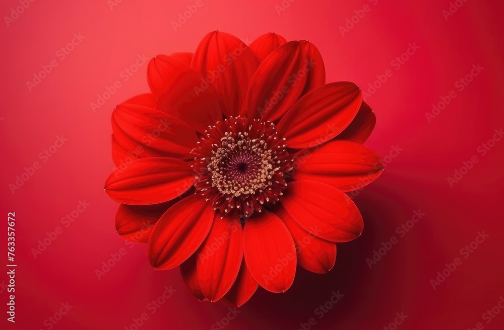 One red flower on red monochrome background. Copy space, place for text, empty space. View from above.