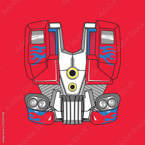 Illustration of a detailed robot chest armor with vibrant colors on a striking red backdrop