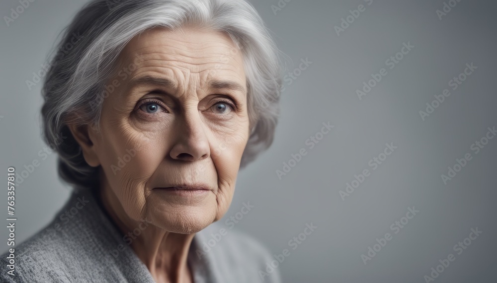 Portrait of an unhappy senior retired woman , grey color background banner with copy space Portrait of an unhappy senior retired woman , grey color background banner with copy space