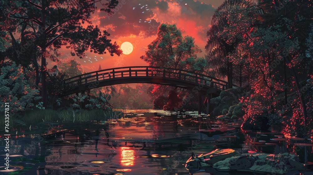 Obraz premium View of the curved wooden bridge at sunset