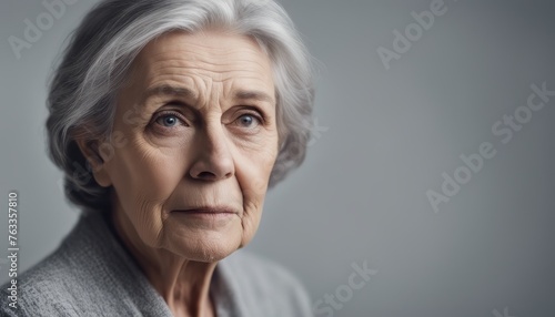 Portrait of an unhappy senior retired woman , grey color background banner with copy space © Adi