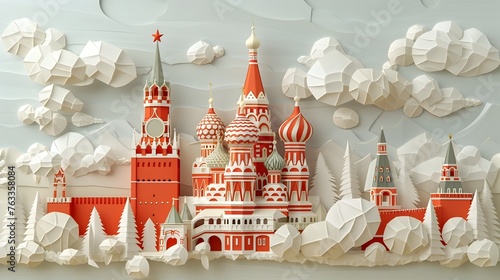A paper cutout of a city with a red cathedral in the center photo