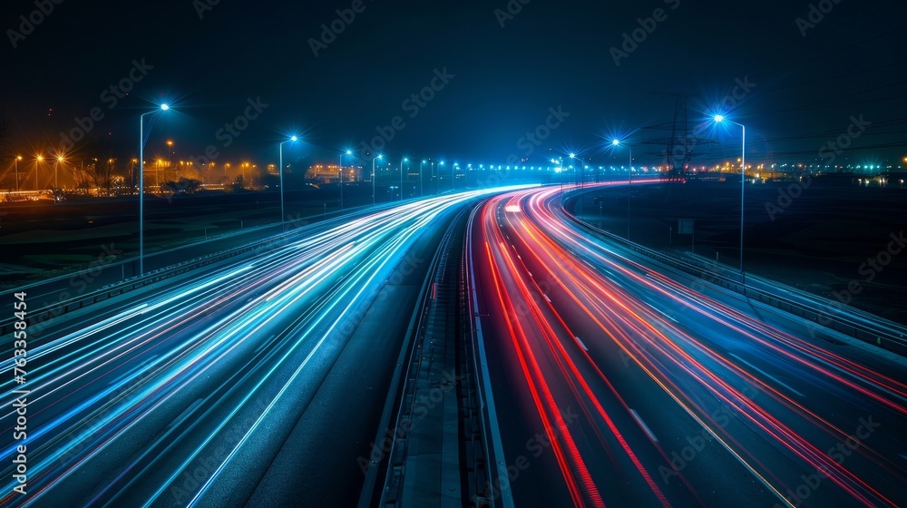 City road light, night highway lights, traffic with highway road motion lights, long exposure, blurred image
