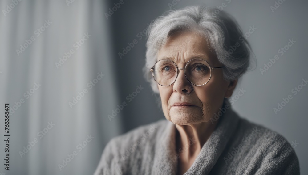 Portrait of an unhappy senior retired woman , grey color background banner with copy space Portrait of an unhappy senior retired woman , grey color background banner with copy space
