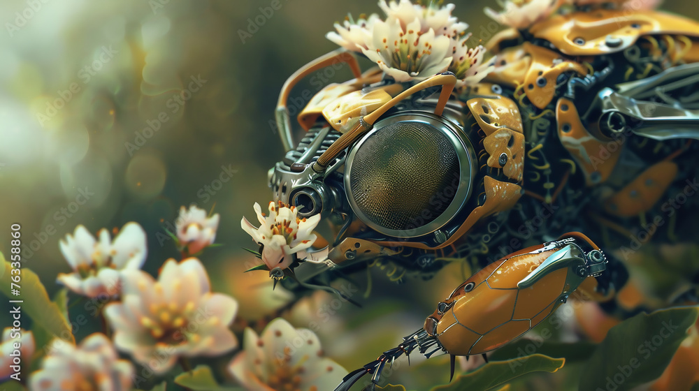 bee robot designed for plant pollination, flying over a meadow with daisies and green grass. Artificial insect ready to pollinate plants and flowers. bee robot designed for plant pollination, flying over a meadow with daisies and green grass. Artificial insect ready to pollinate plants and flowers.