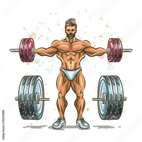 red white black modern style minimalist lines of a strong muscle pose strong body builder anatomy man at gym with bundle Doing exercises in all body positions using different gym equipment
