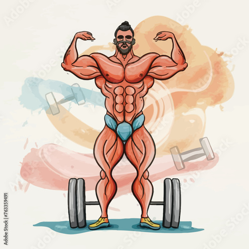 red white black modern style minimalist lines of a strong muscle pose strong body builder anatomy man at gym with bundle Doing exercises in all body positions using different gym equipment