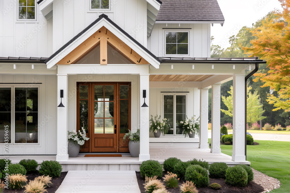 A front door detail of a white modern farmhouse with a wooden front door, black light fixtures, white oak accents, and a covered porch.