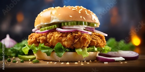crispy fried chicken zinger burger with lettuce and tomato, fresh chicken burger sandwich fast food commercial advertisement banner with copy space area, zinger cheese burger on a wooden tabletop