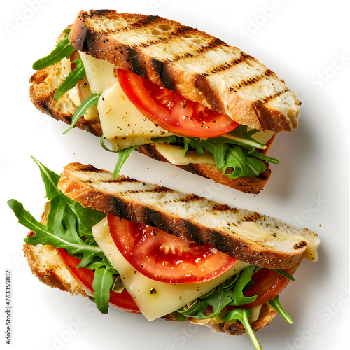 Tasty sandwich with cheese on white background, top view