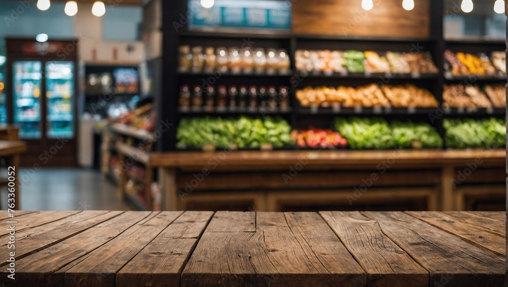 Empty wooden table top on blur grocery store
