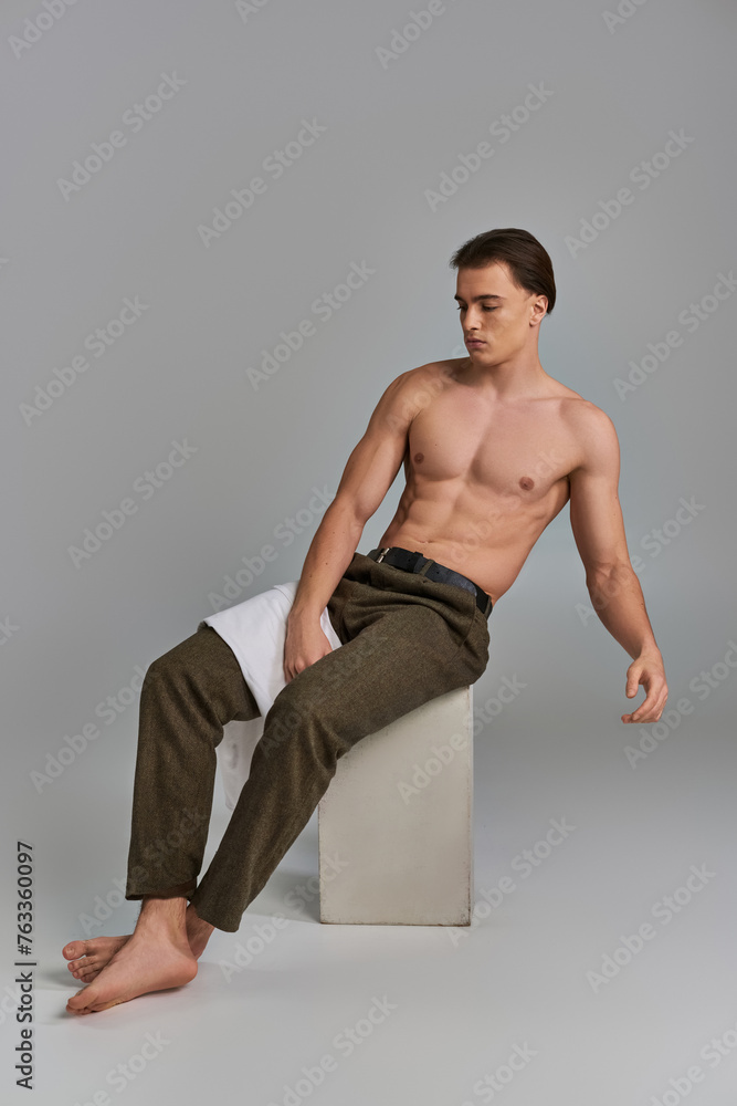 Fototapeta premium sexy good looking man in sophisticated brown pants posing topless while sitting and looking away