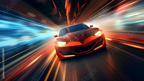 fast moving red car on the road with night lights background