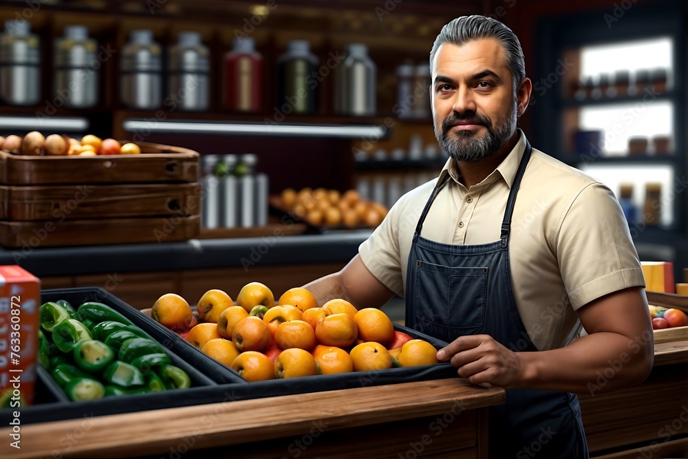 a grocer selling fruits and vegetables in his establishment a grocer selling fruits and vegetables in his establishment