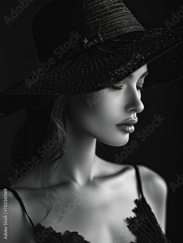 Portrait of a woman with a hat in black and white