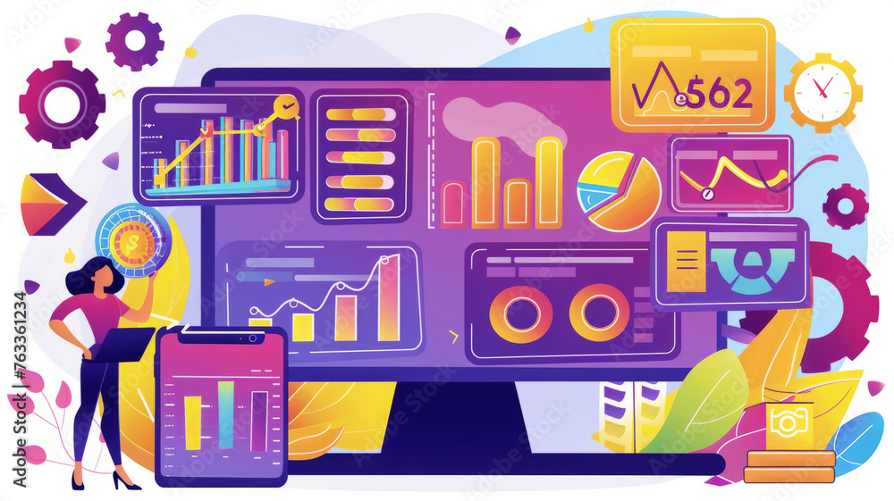 Fototapeta premium Vector illustration of a woman analyzing FX chart on PC in flat 2D style, isolated on white.generative ai